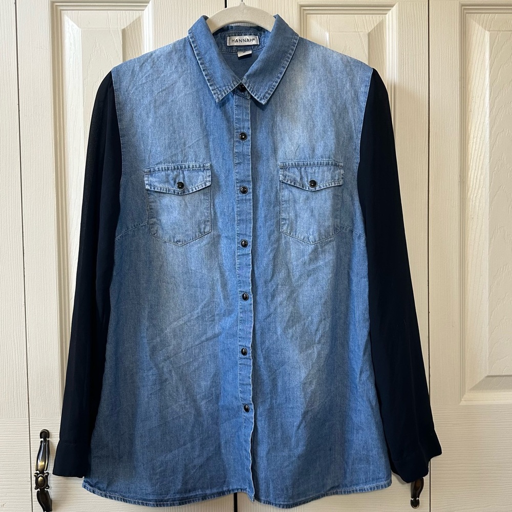 Hannah Denim Snap Button Black Sheer Long Sleeve Top Womens Size Medium